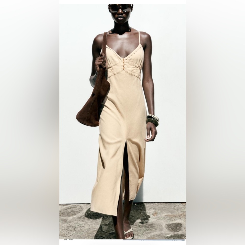 Zara Beige Linen Blend Spaghetti Strap Dress L